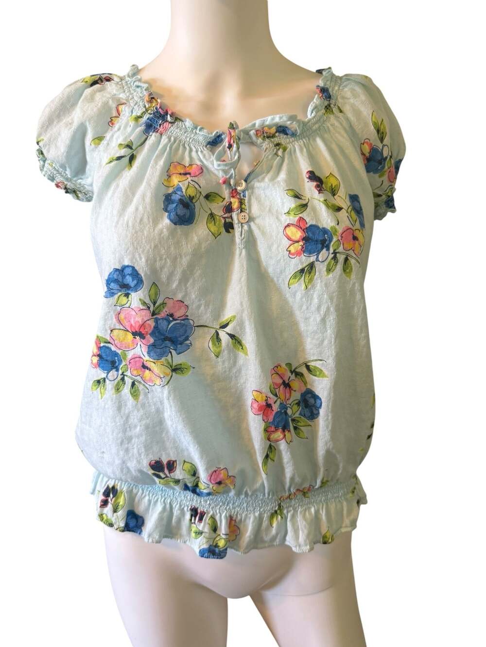 Y2K vintage Hollister Light Blue Floral Puff Sleeve Smocked Waist Blouse